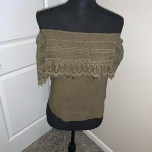 Off-shoulder olive colored lace summer top